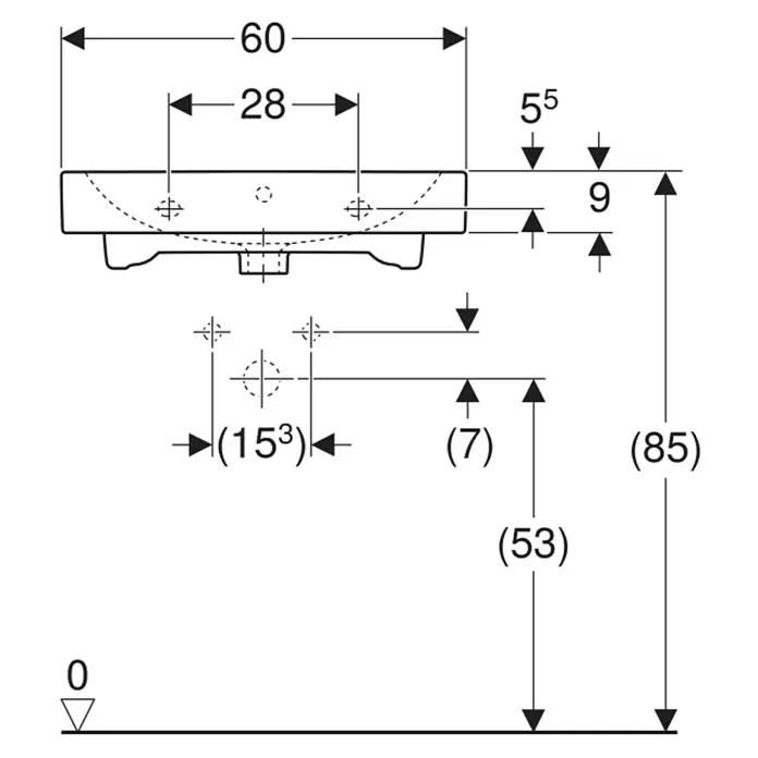 Geberit iCon Waschtisch - 60 x 48,5 cm, Ohne Spezialglasur, Hahnloch: Mitte, Ohne Überlauf, Weiß - Maßzeichnung eines Waschbeckens mit Abmessungen für Installation und Armaturenpositionierung.