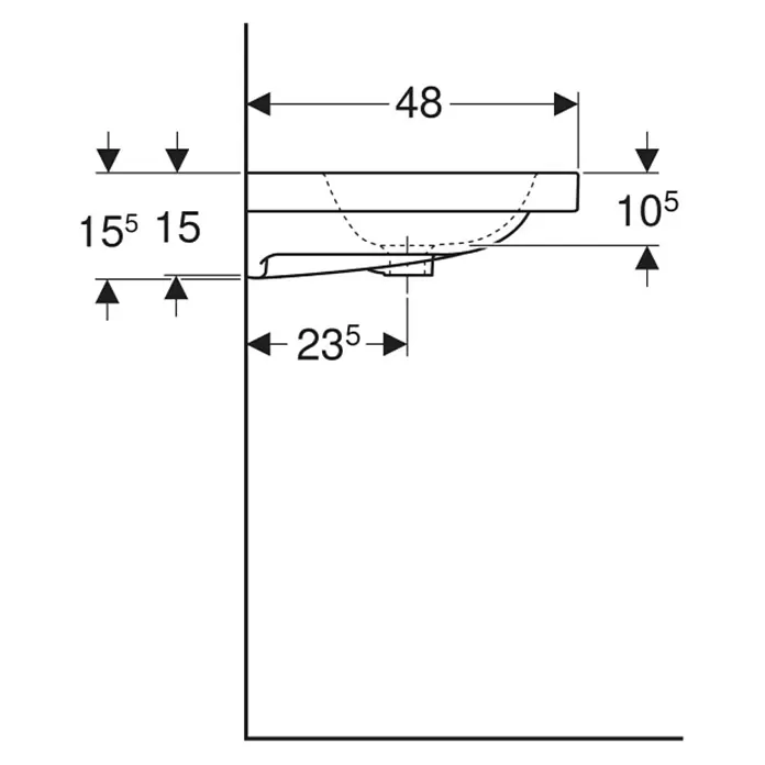 Geberit iCon Light Waschtisch - 60 x 48 cm, Ohne Spezialglasur, Hahnloch: Mitte, Mit Überlauf, Weiß - Technisches Datenblatt einer wandmontierten Waschtisch-Seitenansicht mit Maßen.