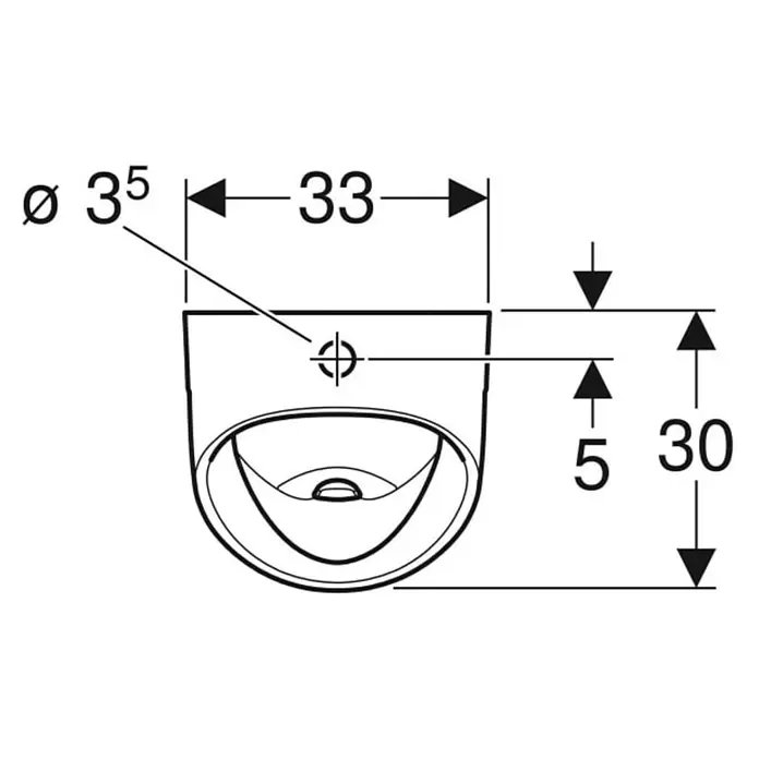 Geberit Renova Urinal - Unbeschichtet, Zulauf: Oben, Absaugspülung, Farbe: Weiß - Technisches Datenblatt einer Toilettenschüssel in Draufsicht mit wichtigen Abmessungen wie Durchmesser und Breite.