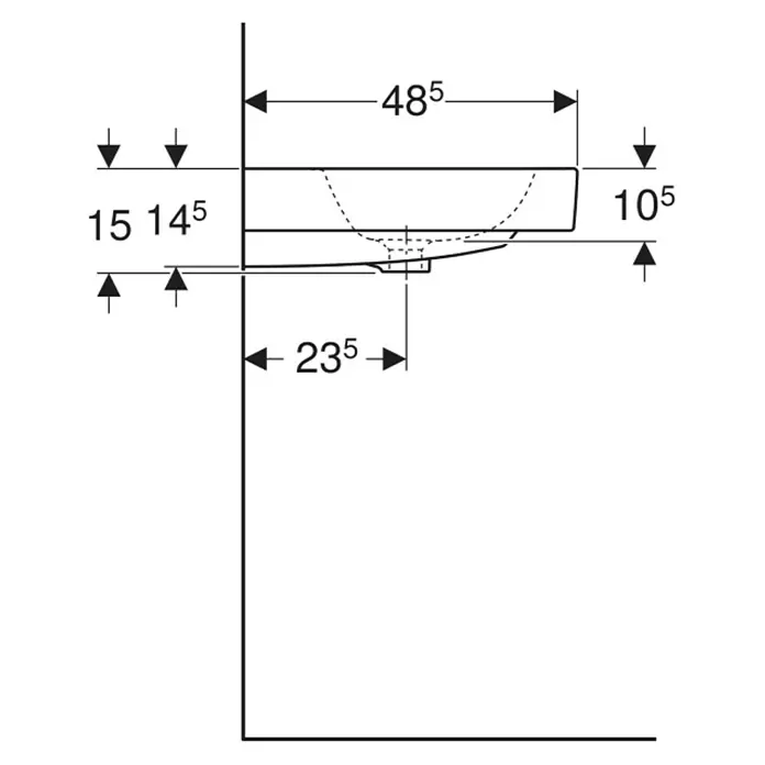 Geberit iCon Waschtisch - 60 x 48,5 cm, Ohne Spezialglasur, Hahnloch: Mitte, Ohne Überlauf, Weiß - Technische Zeichnung eines Waschbeckens mit Seitenansicht und Hauptabmessungen zur Installation.