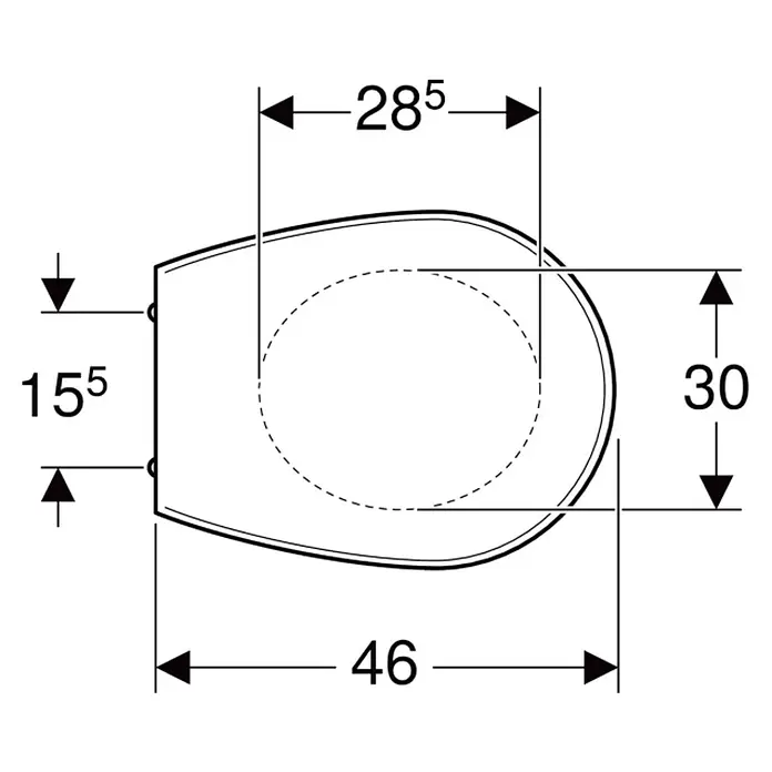 Geberit Renova WC-Sitz - Duroplast, Weiß, Ohne Absenkautomatik, O-Form - Technisches Diagramm eines Toilettensitzes von oben mit Abmessungen für Länge, Breite und Befestigung.
