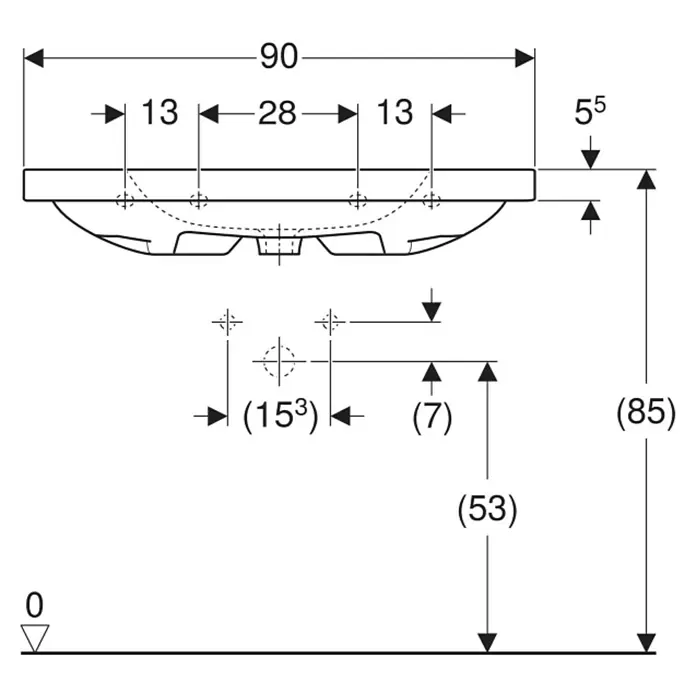 Geberit iCon Light Waschtisch - 90 x 48 cm, Mit schmutzabweisender Glasur, Hahnloch: Ohne, Ohne Überlauf, Weiß, Mit Ablagefläche - Technische Zeichnung eines Waschbeckens mit Installationsmaßen.