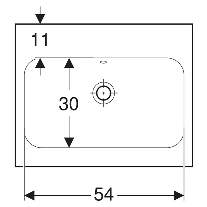Geberit iCon Light Waschtisch - 60 x 48 cm, Ohne Spezialglasur, Hahnloch: Ohne, Mit Überlauf, Weiß - Technische Zeichnung eines rechteckigen Waschbeckens mit abgerundeten Ecken, Maße 54x30, mit 11mm Hinterkante und zentralem Abflussloch.
