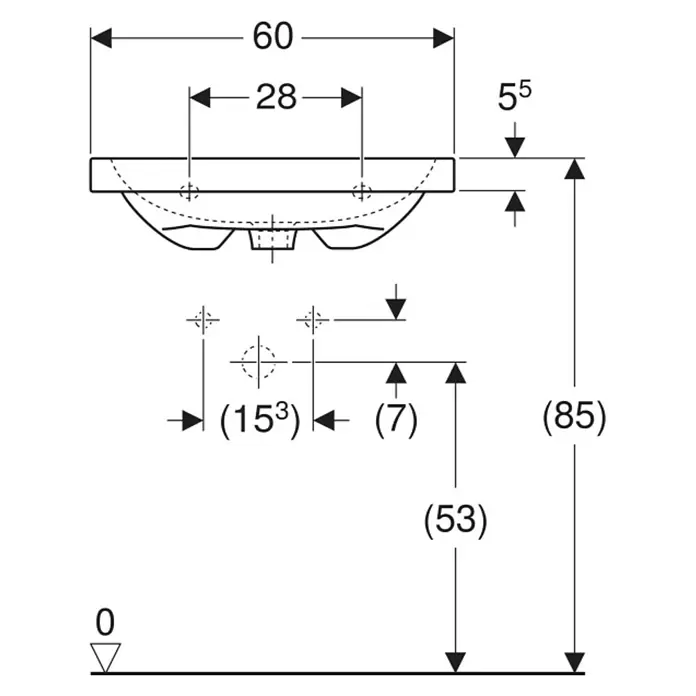 Geberit iCon Light Waschtisch - 60 x 48 cm, Ohne Spezialglasur, Hahnloch: Ohne, Mit Überlauf, Weiß - Technische Zeichnung eines Waschbeckens mit detaillierten Abmessungen und Befestigungspunkten.
