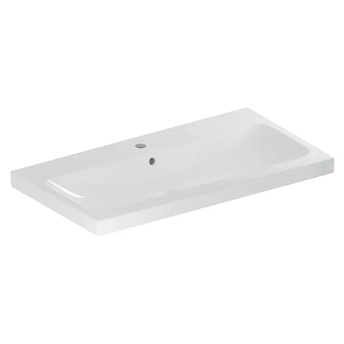 Geberit iCon Light Waschtisch - 90 x 48 cm, Ohne Spezialglasur, Hahnloch: Mitte, Mit Überlauf, Weiß - Weißes rechteckiges Keramik-Waschbecken mit Hahnloch und Überlauf.