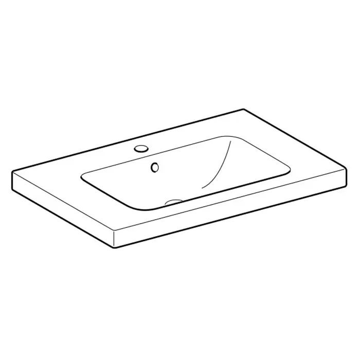 Geberit iCon Light Waschtisch - 75 x 48 cm, Mit schmutzabweisender Glasur, Hahnloch: Mitte, Mit Überlauf, Weiß, Mit Ablagefläche - Weiße rechteckige Waschtischplatte mit integriertem ovalen Waschbecken, einem Hahnloch und Überlauf.