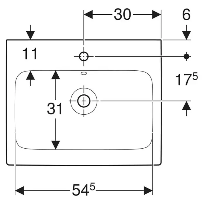 Geberit iCon Waschtisch - 60 x 48,5 cm, Ohne Spezialglasur, Hahnloch: Mitte, Ohne Überlauf, Weiß - Technisches Diagramm eines rechteckigen Waschbeckens mit Maßen.