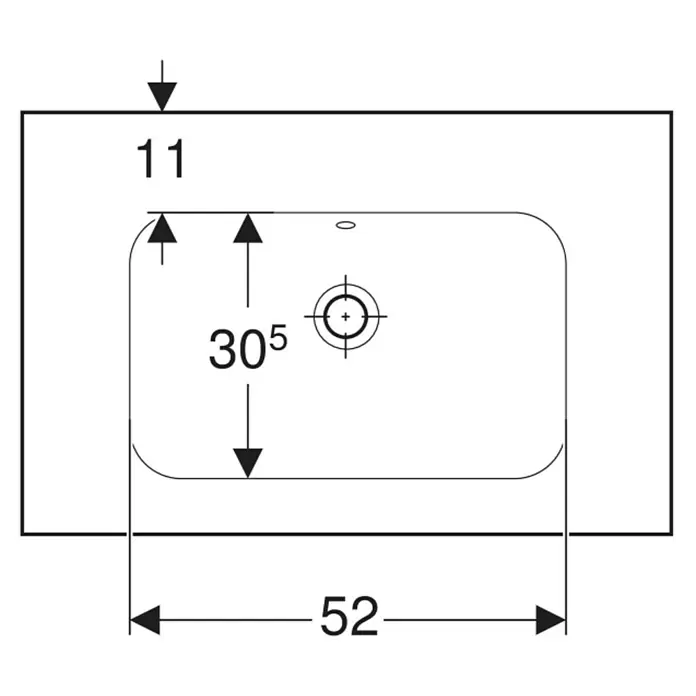 Geberit iCon Light Waschtisch - 75 x 48 cm, Mit schmutzabweisender Glasur, Hahnloch: Ohne, Mit Überlauf, Weiß, Mit Ablagefläche - Technische Zeichnung eines rechteckigen Beckens, Draufsicht, mit Bemaßung und Ablauföffnung.