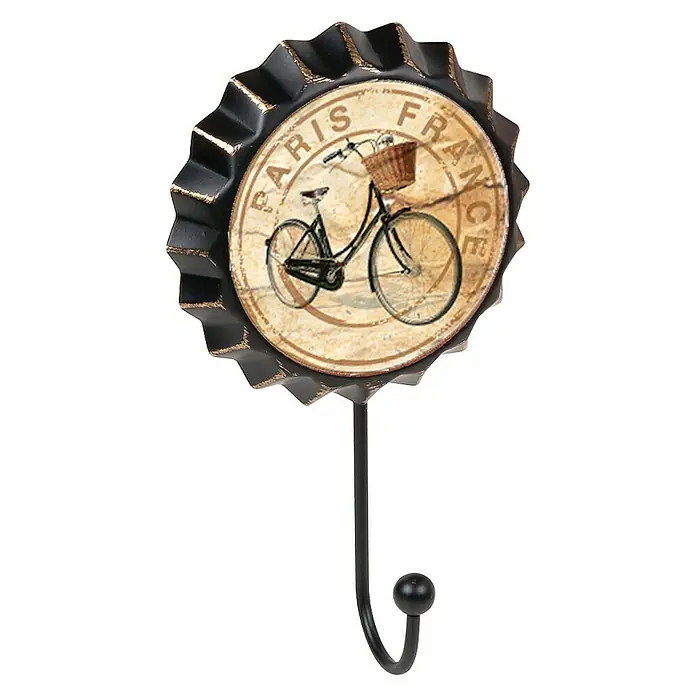 Nesu Gancho para colgar Bicicleta Paris - L x An x Al: 190 x 110 x 45 mm, Número de ganchos: 1 ud. - Gancho de pared vintage con diseño de tapa de botella con una bicicleta. El gancho es negro y termina en una bola redondeada.