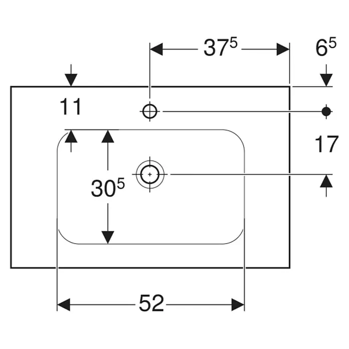 Geberit iCon Light Waschtisch - 75 x 48 cm, Ohne Spezialglasur, Hahnloch: Mitte, Ohne Überlauf, Weiß, Mit Ablagefläche - Technische Zeichnung eines rechteckigen Waschbeckens mit abgerundetem Innenraum, inklusive Maße für Montage und Hahnlöcher.