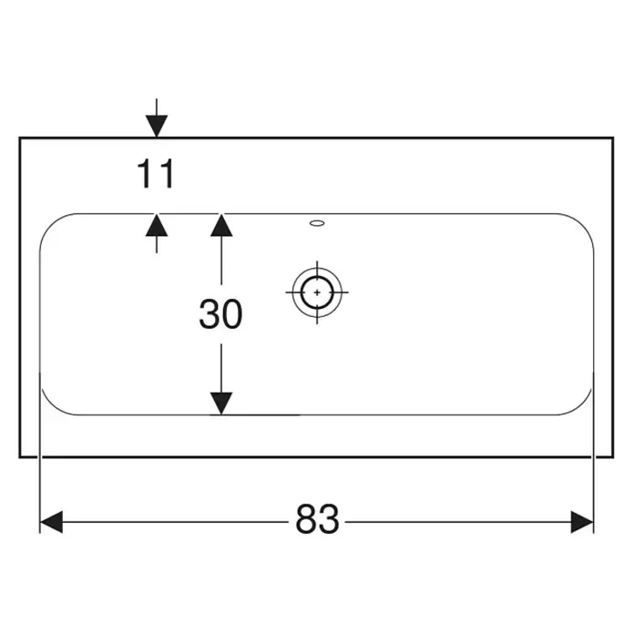 Geberit iCon Light Waschtisch - 90 x 48 cm, Ohne Spezialglasur, Hahnloch: Ohne, Mit Überlauf, Weiß - Technische Zeichnung: rechteckiges Waschbecken, Draufsicht. Gesamtbreite 83, Rand vorne 11, Beckenbreite innen 30, mit Hahnloch.