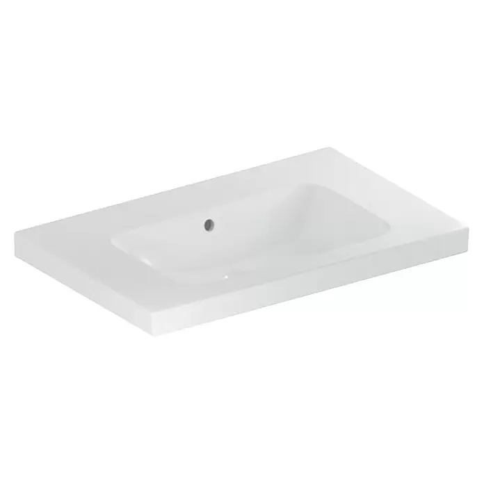 Geberit iCon Light Waschtisch - 75 x 48 cm, Mit schmutzabweisender Glasur, Hahnloch: Ohne, Mit Überlauf, Weiß, Mit Ablagefläche - Weißes Keramikwaschbecken mit integrierter Arbeitsplatte und einem Hahnloch.