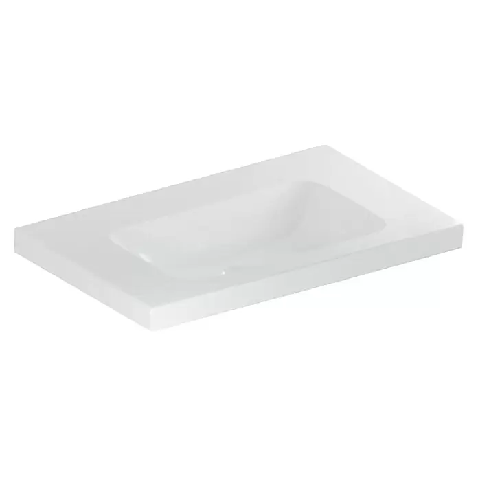 Geberit iCon Light Waschtisch - 75 x 48 cm, Mit schmutzabweisender Glasur, Hahnloch: Ohne, Ohne Überlauf, Weiß, Mit Ablagefläche - Weißes rechteckiges integriertes Waschbecken.