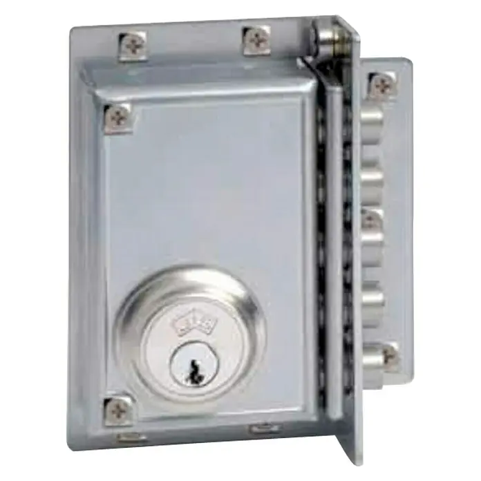 JiS Cerradura con cerrojo 239 - Tipo de bloqueo: Cerradura de bombín, DIN-derecha, Puerta exterior, Cromado mate - Una cerradura de puerta con una carcasa plateada y una cerradura cilíndrica. Es una cerradura de seguridad robusta y segura.