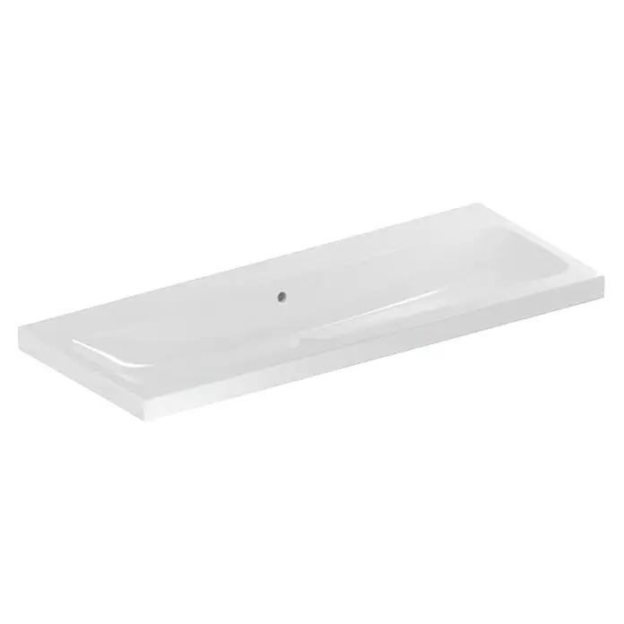 Geberit iCon Light Waschtisch - 120 x 48 cm, Mit schmutzabweisender Glasur, Hahnloch: Ohne, Mit Überlauf, Weiß - Weißes rechteckiges Keramik-Waschbecken mit einem Abflussloch.