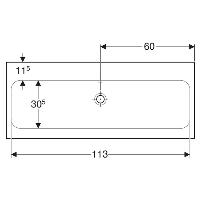 Geberit iCon Light Waschtisch - 120 x 48 cm, Mit schmutzabweisender Glasur, Hahnloch: Ohne, Mit Überlauf, Weiß - Technische Zeichnung eines rechteckigen Waschbeckens mit gerundeten Innenecken, zeigt Gesamtabmessungen und mittiges Abfluss-/Hahnloch.