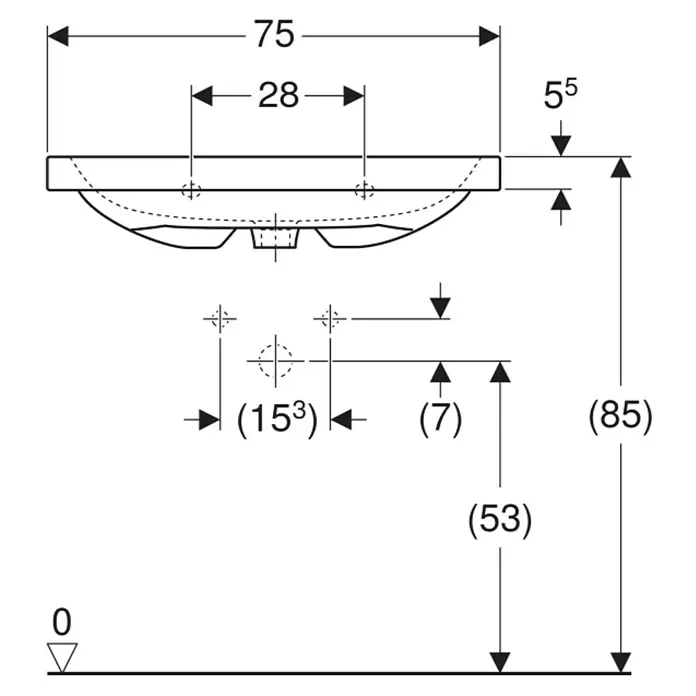 Geberit iCon Light Waschtisch - 75 x 48 cm, Mit schmutzabweisender Glasur, Hahnloch: Ohne, Mit Überlauf, Weiß - Bemaßte technische Zeichnung eines Waschbeckens mit Maßangaben für Breite, Becken und Höhe.