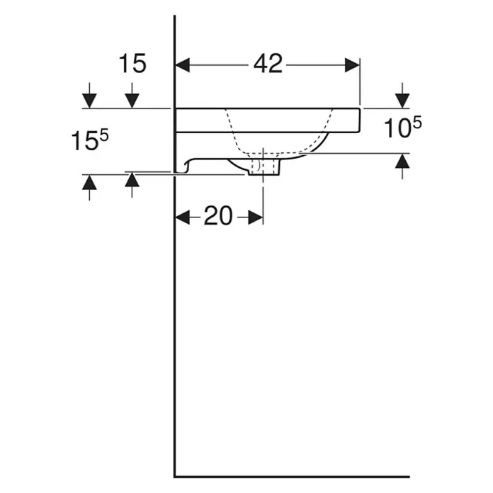 Geberit iCon Light Waschtisch - 60 x 42 cm, Ohne Spezialglasur, Hahnloch: Ohne, Mit Überlauf, Weiß - Technische Zeichnung im Seitenprofil eines wandmontierten Waschtischs mit Maßen.
