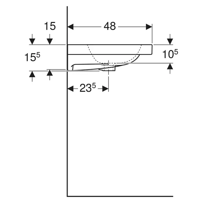 Geberit iCon Light Waschtisch - 90 x 48 cm, Mit schmutzabweisender Glasur, Hahnloch: Ohne, Ohne Überlauf, Weiß - Technische Zeichnung eines wandmontierten Waschbeckens mit Maßen. Hauptmaße: 48 Breite, 23,5 Tiefe und diverse Höhen.