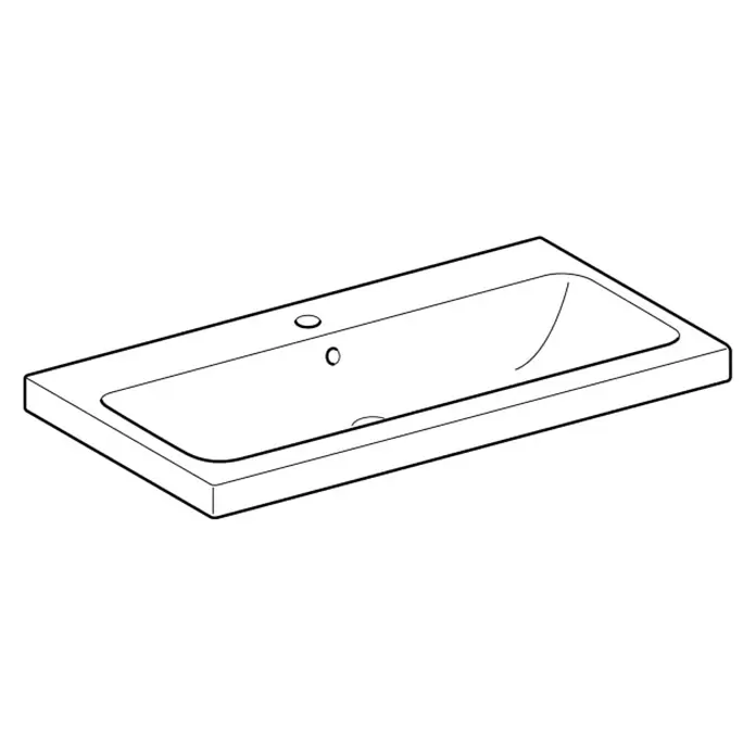 Geberit iCon Light Waschtisch - 90 x 48 cm, Ohne Spezialglasur, Hahnloch: Mitte, Mit Überlauf, Weiß - Strichzeichnung eines rechteckigen Einbauwaschbeckens mit zwei Hahnlöchern.