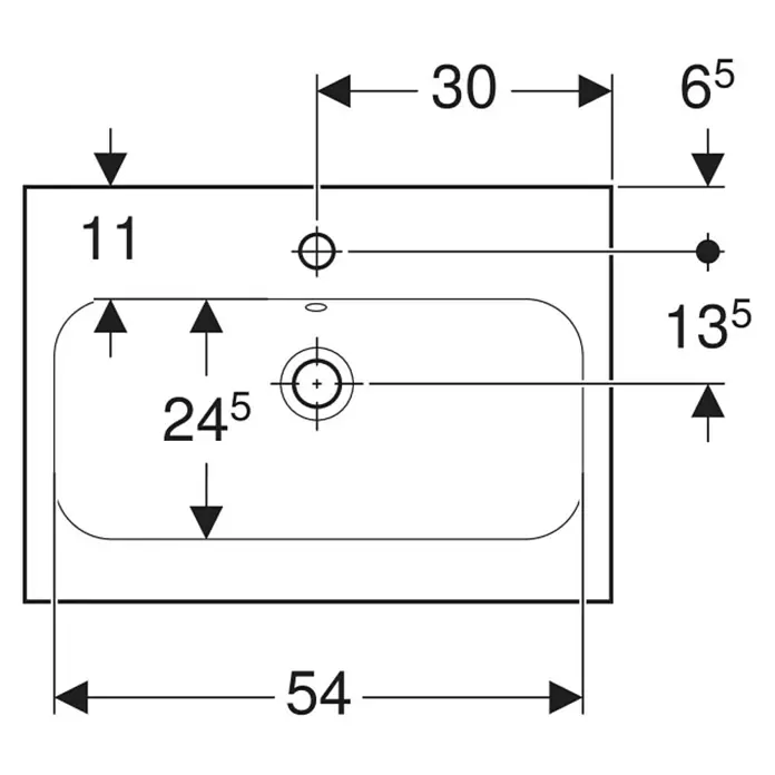 Geberit iCon Light Waschtisch - 60 x 42 cm, Mit schmutzabweisender Glasur, Hahnloch: Mitte, Ohne Überlauf, Weiß - Technische Zeichnung: Aufsicht eines rechteckigen Waschtischs mit Maßen für Armatur- und Abflussöffnungen.