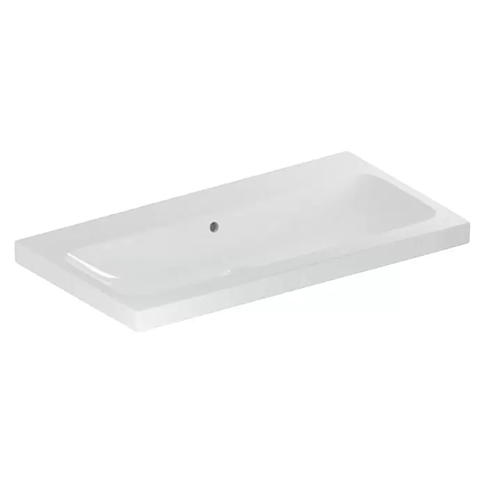 Geberit iCon Light Waschtisch - 90 x 48 cm, Ohne Spezialglasur, Hahnloch: Ohne, Mit Überlauf, Weiß - Weißes rechteckiges Keramikwaschbecken mit Hahnloch und Überlauf.