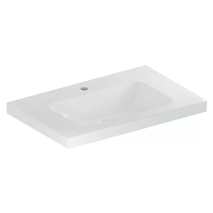 Geberit iCon Light Waschtisch - 75 x 48 cm, Ohne Spezialglasur, Hahnloch: Mitte, Ohne Überlauf, Weiß, Mit Ablagefläche - Weißes Keramikwaschbecken mit integriertem Waschtisch.