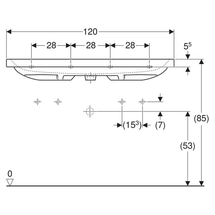 Geberit iCon Light Waschtisch - 120 x 48 cm, Mit schmutzabweisender Glasur, Hahnloch: Ohne, Ohne Überlauf, Weiß - Technische Zeichnung eines Waschbeckens mit Installationsmaßen.