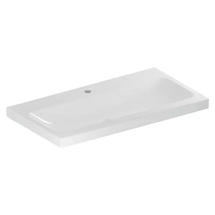 Geberit iCon Light Waschtisch - 90 x 48 cm, Ohne Spezialglasur, Hahnloch: Mitte, Ohne Überlauf, Weiß - Weißes rechteckiges Waschbecken mit einem Hahnloch.
