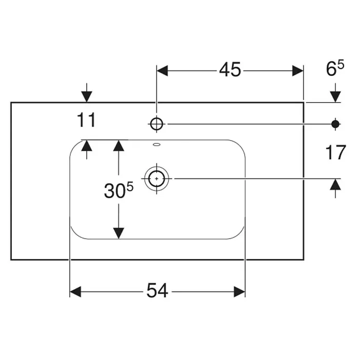 Geberit iCon Light Waschtisch - 90 x 48 cm, Ohne Spezialglasur, Hahnloch: Mitte, Mit Überlauf, Weiß, Mit Ablagefläche - Technische Zeichnung eines rechteckigen Waschbeckens von oben, mit Maßen für Becken und Armaturmontage.