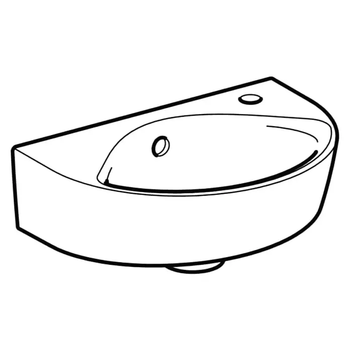 Geberit Renova Waschbecken - B x L: 36 x 25 cm, Ohne Spezialglasur, Hahnloch: Rechts, Mit Überlauf, Weiß - Abbildung eines Eckwaschbeckens in Weiß mit klaren Linien, ideal für kleine Badezimmer und Gäste-WCs. Stilvolles Design für moderne Einrichtungen.