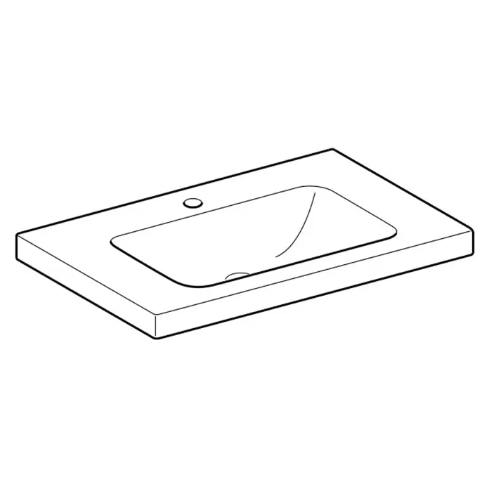 Geberit iCon Light Waschtisch - 75 x 48 cm, Ohne Spezialglasur, Hahnloch: Mitte, Ohne Überlauf, Weiß, Mit Ablagefläche - Weiße rechteckige Waschtischplatte mit integriertem Waschbecken, Hahnloch und Abfluss.