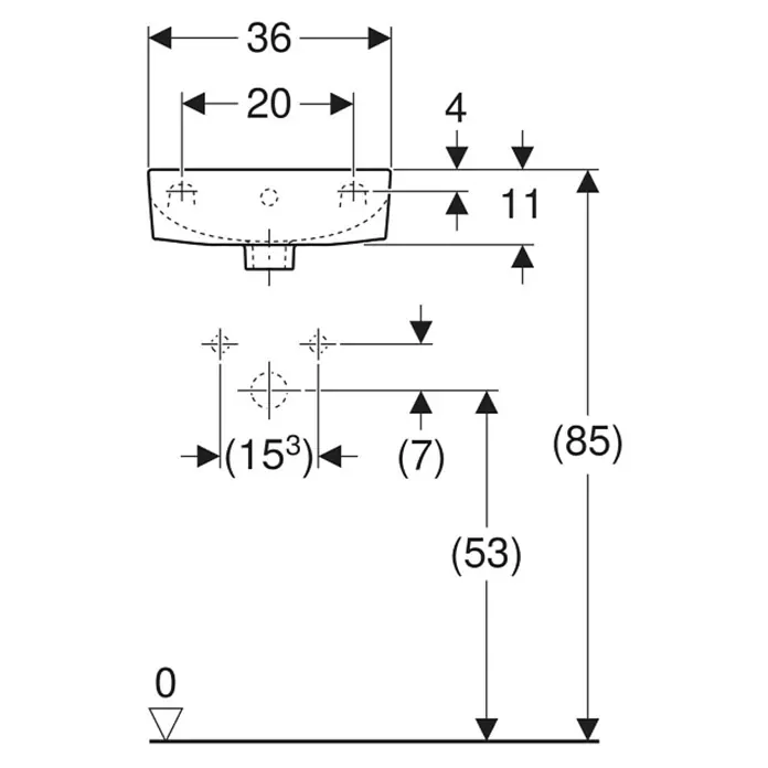Geberit Renova Waschbecken - B x L: 36 x 25 cm, Ohne Spezialglasur, Hahnloch: Rechts, Mit Überlauf, Weiß - Technische Zeichnung eines Waschtischs mit Maßangaben zu Abmessungen und Montagepunkten.