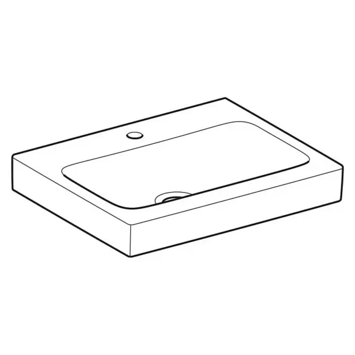 Geberit iCon Waschtisch - 60 x 48,5 cm, Ohne Spezialglasur, Hahnloch: Mitte, Ohne Überlauf, Weiß - Weißes rechteckiges Waschbecken mit einem Hahnloch und Abfluss, für die Aufsatzmontage.