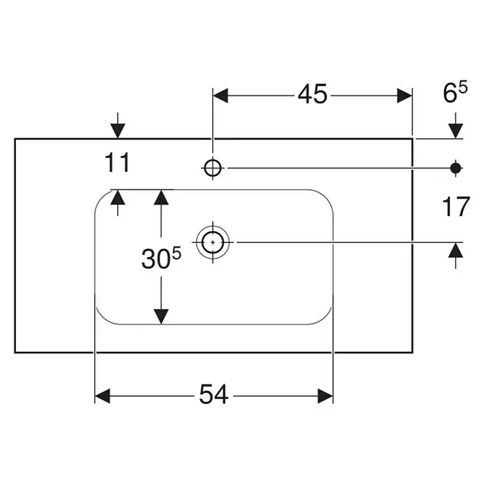 Geberit iCon Light Waschtisch - 90 x 48 cm, Mit schmutzabweisender Glasur, Hahnloch: Mitte, Ohne Überlauf, Weiß, Mit Ablagefläche - Technische Zeichnung: Aufsicht eines Waschbeckens mit Außenmaßen, Ausschnittgröße und Positionen für Armatur und Ablauf.
