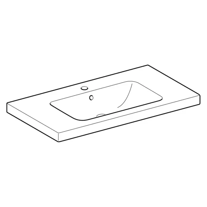 Geberit iCon Light Waschtisch - 90 x 48 cm, Ohne Spezialglasur, Hahnloch: Mitte, Mit Überlauf, Weiß, Mit Ablagefläche - Weißes rechteckiges Waschtischmodul mit integriertem Waschbecken, zwei Hahnlöchern und Ablauf.
