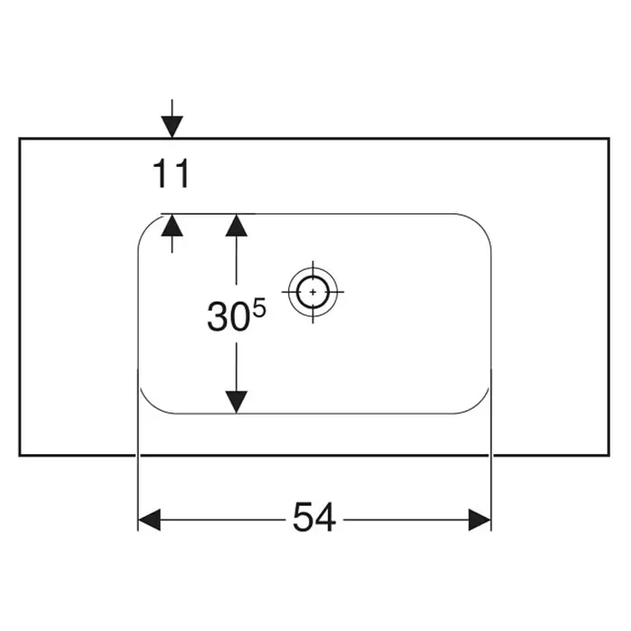 Geberit iCon Light Waschtisch - 90 x 48 cm, Mit schmutzabweisender Glasur, Hahnloch: Ohne, Ohne Überlauf, Weiß, Mit Ablagefläche - Technisches Diagramm für einen rechteckigen Ausschnitt mit abgerundeten Ecken. Maße: oberer Versatz 11, Höhe 30,5, Breite 54, zentraler Bohrpunkt.
