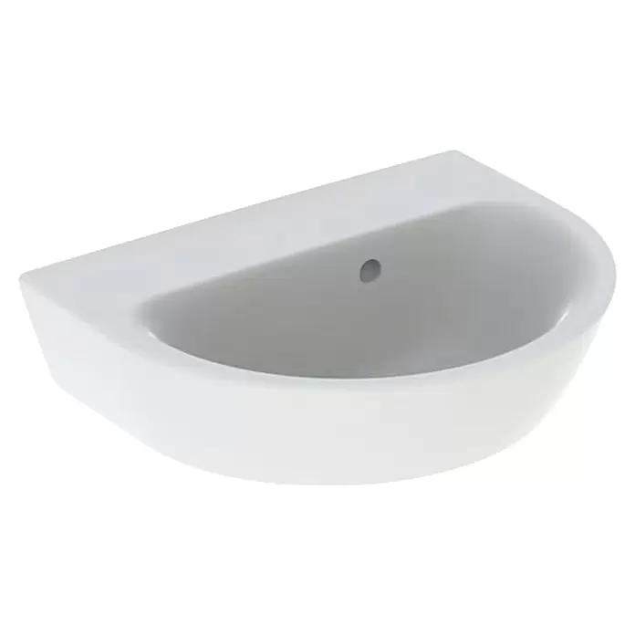 Geberit Renova Waschbecken - B x L: 45 x 36 cm, Mit schmutzabweisender Glasur, Hahnloch: Ohne, Mit Überlauf, Weiß - Weißes wandhängendes Keramik-Eckwaschbecken.