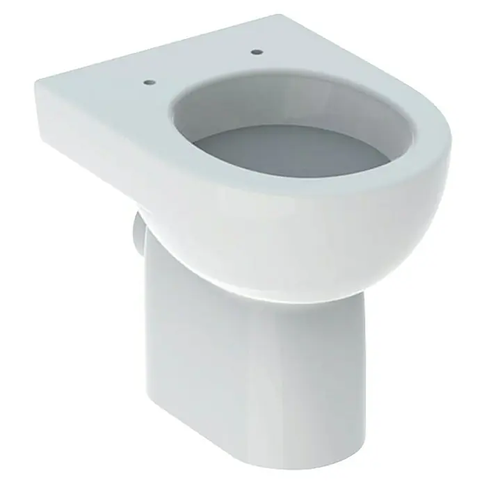 Geberit Renova Stand-WC - Mit Spülrand, Ohne Spezialglasur, Spülform: Flach, WC Abgang: Waagerecht, Weiß - Nahaufnahme einer modernen, wandhängenden Toilette in Weiß. Das schlichte Design passt gut in moderne Badezimmer.