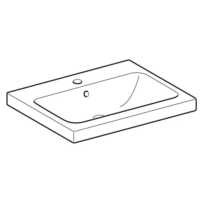 Geberit iCon Light Aufsatzwaschbecken - 60 x 48 cm, Ohne Spezialglasur, Mit Hahnloch/Mit Überlauf, Weiß - Weißes, rechteckiges Badwaschbecken mit integrierter Ablage, Hahnloch, Überlauf und Abfluss. Strichzeichnung.