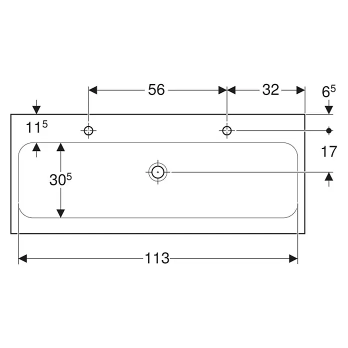 Geberit iCon Light Doppelwaschtisch - 120 x 48 cm, Ohne Spezialglasur, Hahnloch: Links, Ohne Überlauf, Weiß - Bemaßte Zeichnung eines rechteckigen Waschbeckens, mit Gesamtmaßen und Bohrpositionen.