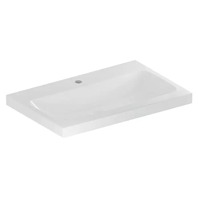 Geberit iCon Light Waschtisch - 75 x 48 cm, Ohne Spezialglasur, Hahnloch: Mitte, Ohne Überlauf, Weiß - Weißes rechteckiges Keramik-Waschbecken mit einem vorgebohrten Hahnloch.