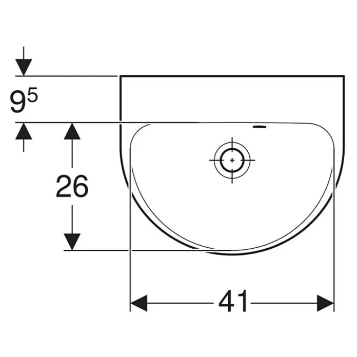 Geberit Renova Waschbecken - B x L: 45 x 36 cm, Mit schmutzabweisender Glasur, Hahnloch: Ohne, Mit Überlauf, Weiß - Technische Zeichnung, Draufsicht eines Waschbeckens mit Maßen: Gesamttiefe 95, Beckentiefe 26, Breite 41.