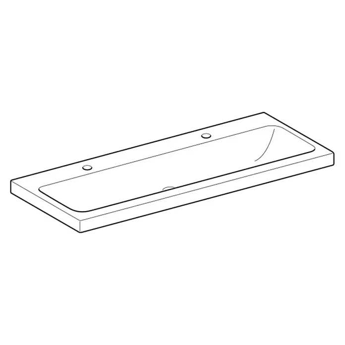 Geberit iCon Light Doppelwaschtisch - 120 x 48 cm, Ohne Spezialglasur, Hahnloch: Links, Ohne Überlauf, Weiß - Weißes rechteckiges Waschbecken mit zwei Hahnlöchern und integriertem Becken.
