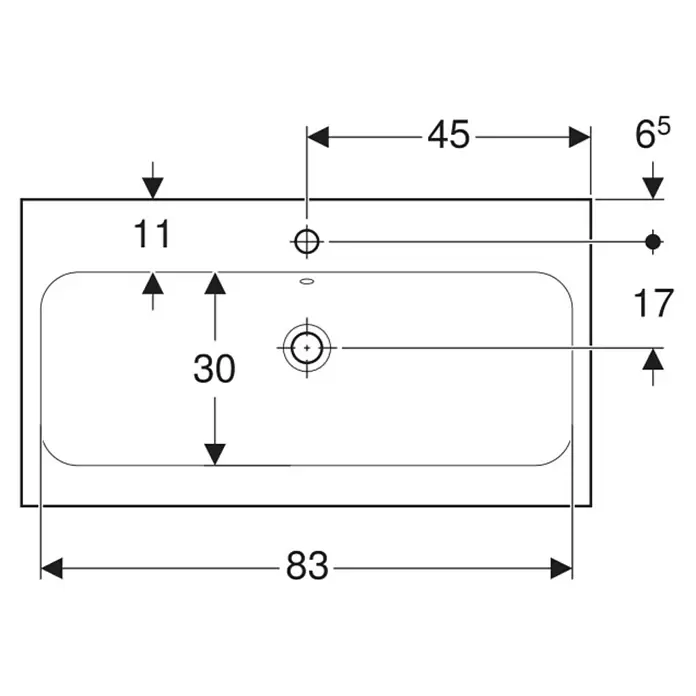 Geberit iCon Light Waschtisch - 90 x 48 cm, Ohne Spezialglasur, Hahnloch: Mitte, Mit Überlauf, Weiß - Technische Zeichnung eines rechteckigen Waschbeckens mit präzisen Maßen für Ausschnitte und Hahnlöcher.