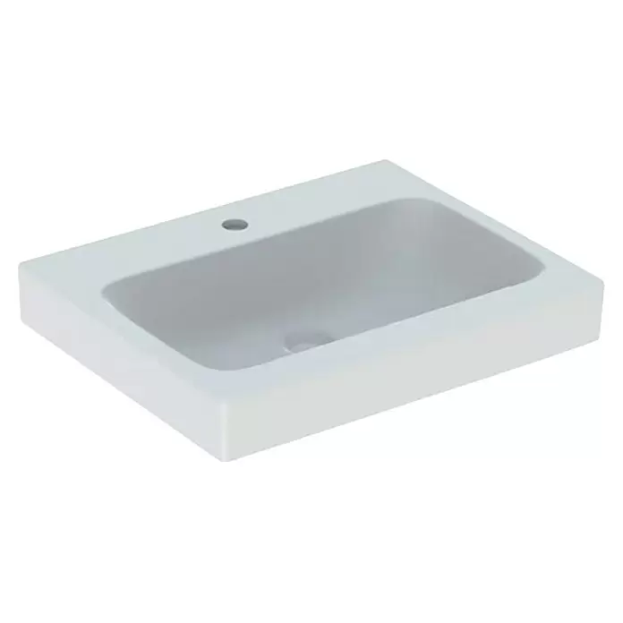 Geberit iCon Waschtisch - 60 x 48,5 cm, Ohne Spezialglasur, Hahnloch: Mitte, Ohne Überlauf, Weiß - Weißes rechteckiges Waschbecken mit Armatur- und Abflusslöchern.