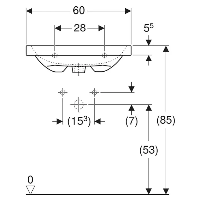 Geberit iCon Light Waschtisch - 60 x 42 cm, Ohne Spezialglasur, Hahnloch: Ohne, Mit Überlauf, Weiß - Technische Zeichnung eines Waschbeckens mit detaillierten Maßen für die Installation, einschließlich Breite, Tiefe und Ablaufposition.