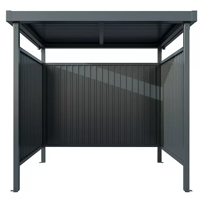 Floraworld Universal-Unterstand - Außenmaß inkl. Dachüberstand (B x T): 214 x 214 cm, Stahl - Grauer Unterstand aus Wellblech mit Flachdach und drei Wänden.
