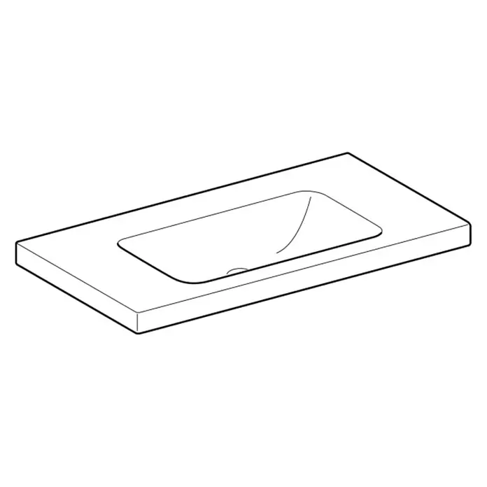 Geberit iCon Light Waschtisch - 90 x 48 cm, Mit schmutzabweisender Glasur, Hahnloch: Ohne, Ohne Überlauf, Weiß, Mit Ablagefläche - Strichzeichnung einer rechteckigen Waschtischplatte mit integriertem rechteckigem Waschbecken.
