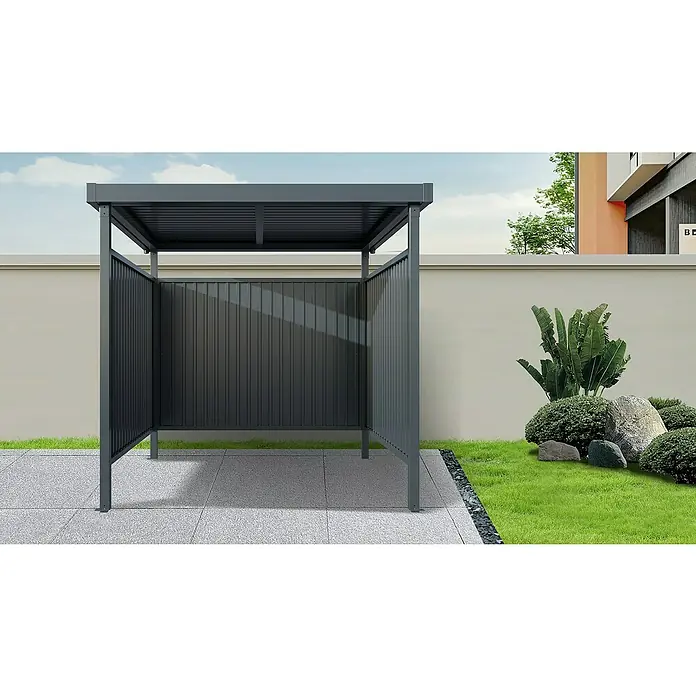 Floraworld Universal-Unterstand - Außenmaß inkl. Dachüberstand (B x T): 214 x 214 cm, Stahl - Eine moderne, graue Gartendusche mit Lamellenwänden und stabilen Pfosten steht auf einem gepflasterten Bereich neben einem Rasen.